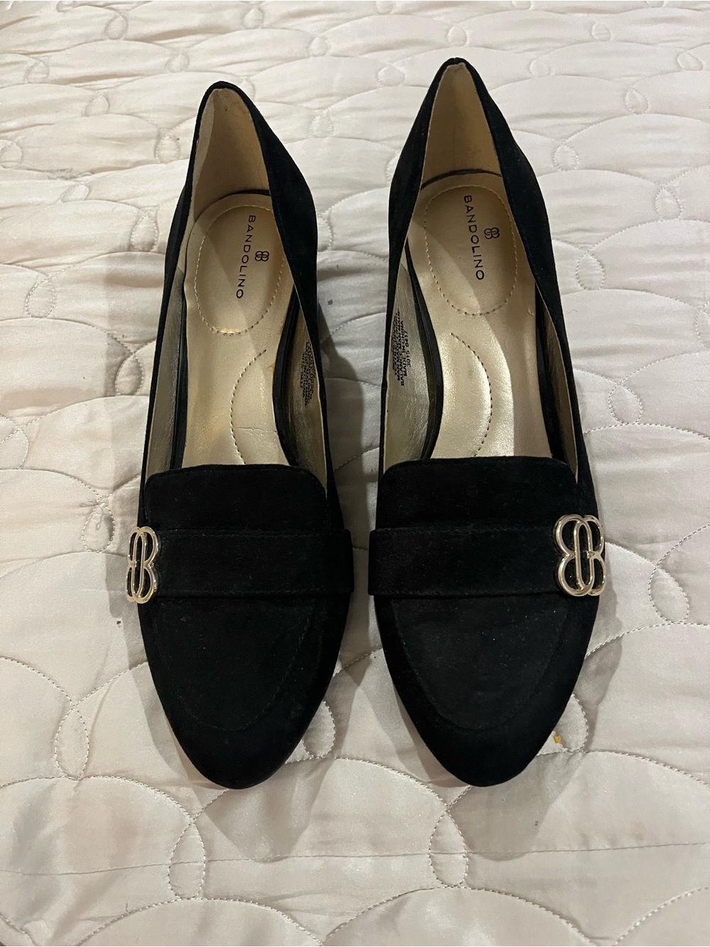 Bandolino Black Suede Pointed Toe Pumps with Gold Accent